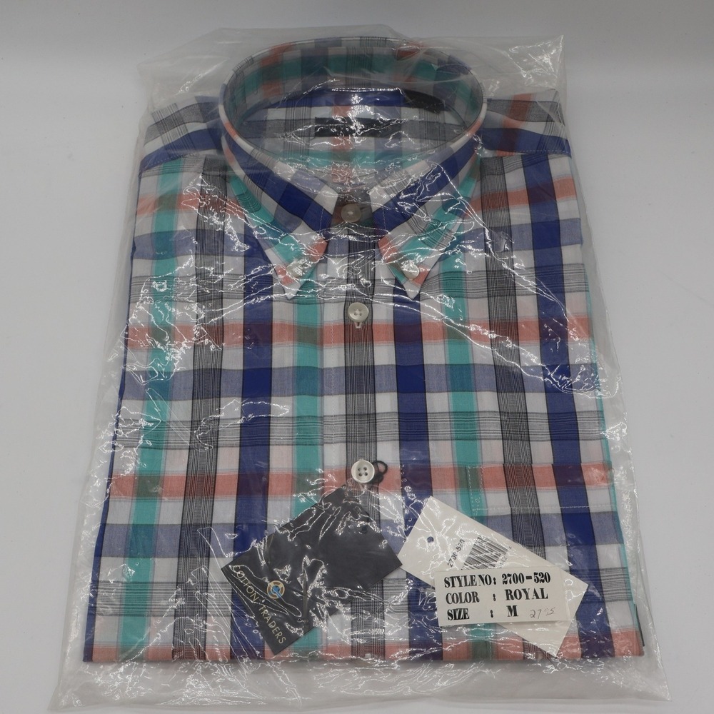 Cotton Traders Plaid Shirt Mens Medium Royal Blue Orange Check Button Down NWT